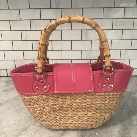 Miche Straw Basket Handbag Womens Pink Leather Trim Bamboo Handles Insert Tote - Picture 3 of 10